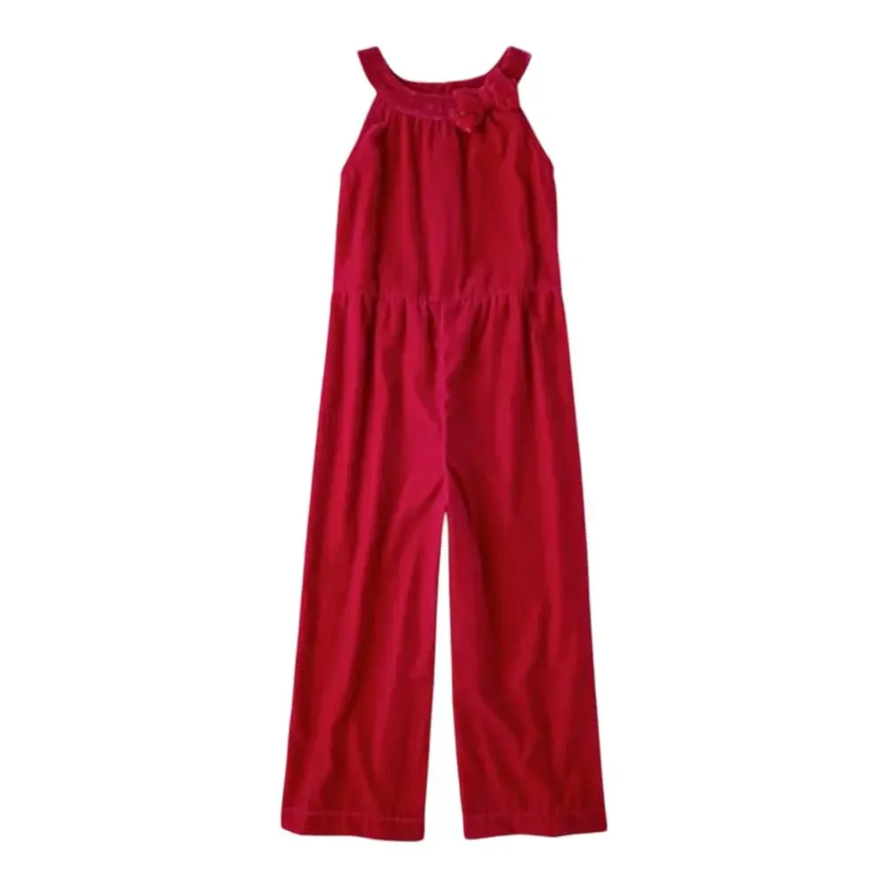 Gymboree Red Velvet Jumpsuit Girls 10 Holiday Christmas Red Velvet Bow Collar